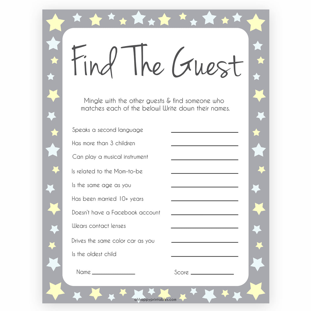 Grey Yellow Stars Find The Guest Baby Shower Game, Find the Guest, Ice Breaker Game, Baby Shower Games, Baby Shower, Find the Guest, fun baby shower games, popular baby shower games