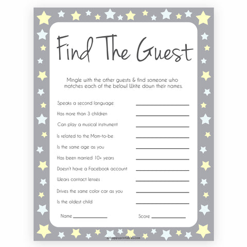Grey Yellow Stars Find The Guest Baby Shower Game, Find the Guest, Ice Breaker Game, Baby Shower Games, Baby Shower, Find the Guest, fun baby shower games, popular baby shower games