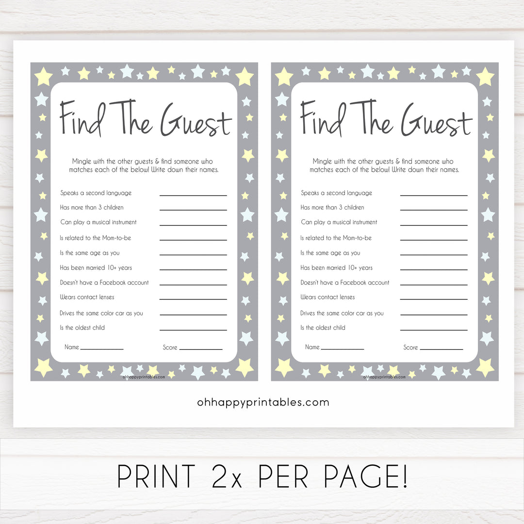 Grey Yellow Stars Find The Guest Baby Shower Game, Find the Guest, Ice Breaker Game, Baby Shower Games, Baby Shower, Find the Guest, fun baby shower games, popular baby shower games