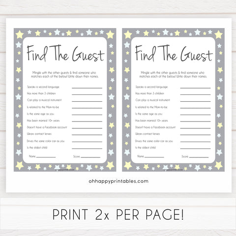 Grey Yellow Stars Find The Guest Baby Shower Game, Find the Guest, Ice Breaker Game, Baby Shower Games, Baby Shower, Find the Guest, fun baby shower games, popular baby shower games