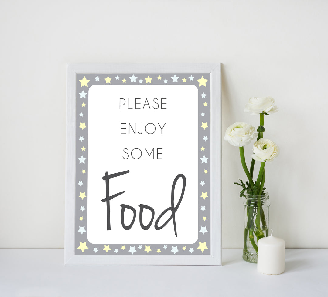 Printable baby signs, food baby sign, yellow and grey stars, printable baby shower signs, top baby shower decor, baby printable decor