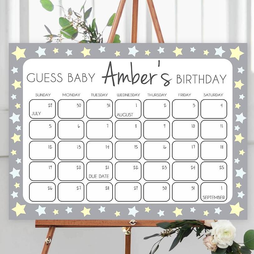 Grey Yellow Stars Baby Birthday Prediction Game, Guess The Baby Birthday Game, Baby Shower Games, Grey Stars Guess Baby Birthday Game, printable baby shower games, fun baby games