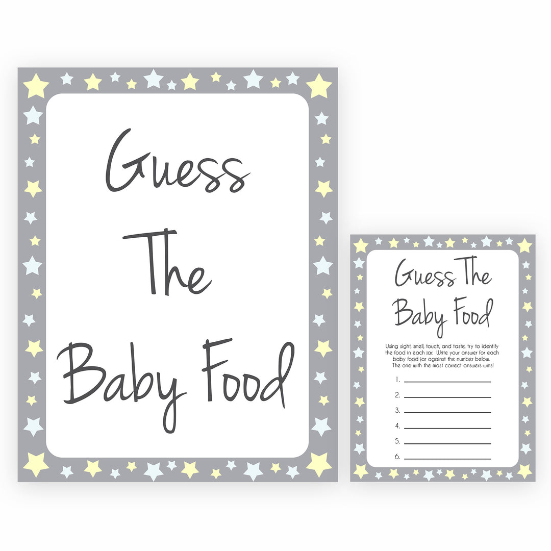 Grey Yellow Stars Guess The Baby Food, Printable Baby Shower Games, Grey Baby Shower Games, Guess The Baby Food, Stars Guess Baby Food, fun baby shower games, popular baby shower games
