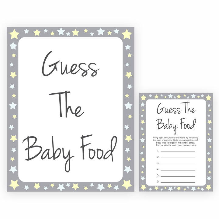 Grey Yellow Stars Guess The Baby Food, Printable Baby Shower Games, Grey Baby Shower Games, Guess The Baby Food, Stars Guess Baby Food, fun baby shower games, popular baby shower games