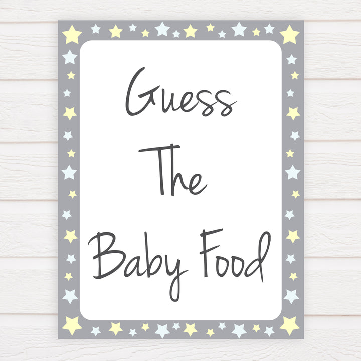 Grey Yellow Stars Guess The Baby Food, Printable Baby Shower Games, Grey Baby Shower Games, Guess The Baby Food, Stars Guess Baby Food, fun baby shower games, popular baby shower games