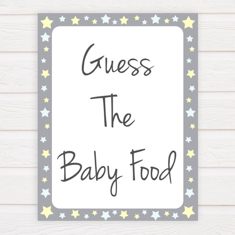 Grey Yellow Stars Guess The Baby Food, Printable Baby Shower Games, Grey Baby Shower Games, Guess The Baby Food, Stars Guess Baby Food, fun baby shower games, popular baby shower games