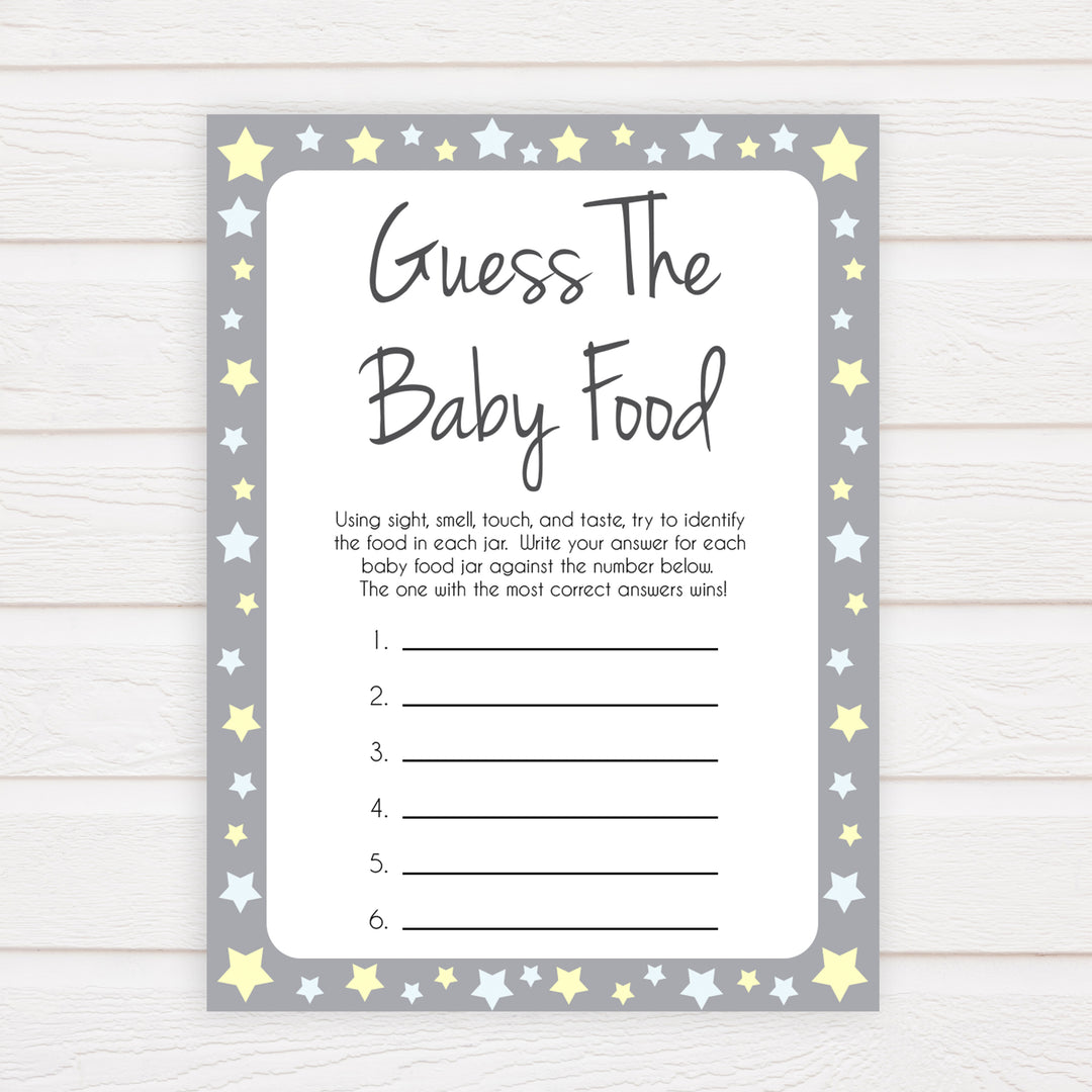 Grey Yellow Stars Guess The Baby Food, Printable Baby Shower Games, Grey Baby Shower Games, Guess The Baby Food, Stars Guess Baby Food, fun baby shower games, popular baby shower games