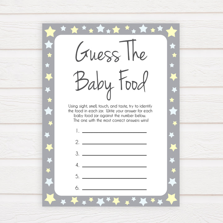 Grey Yellow Stars Guess The Baby Food, Printable Baby Shower Games, Grey Baby Shower Games, Guess The Baby Food, Stars Guess Baby Food, fun baby shower games, popular baby shower games