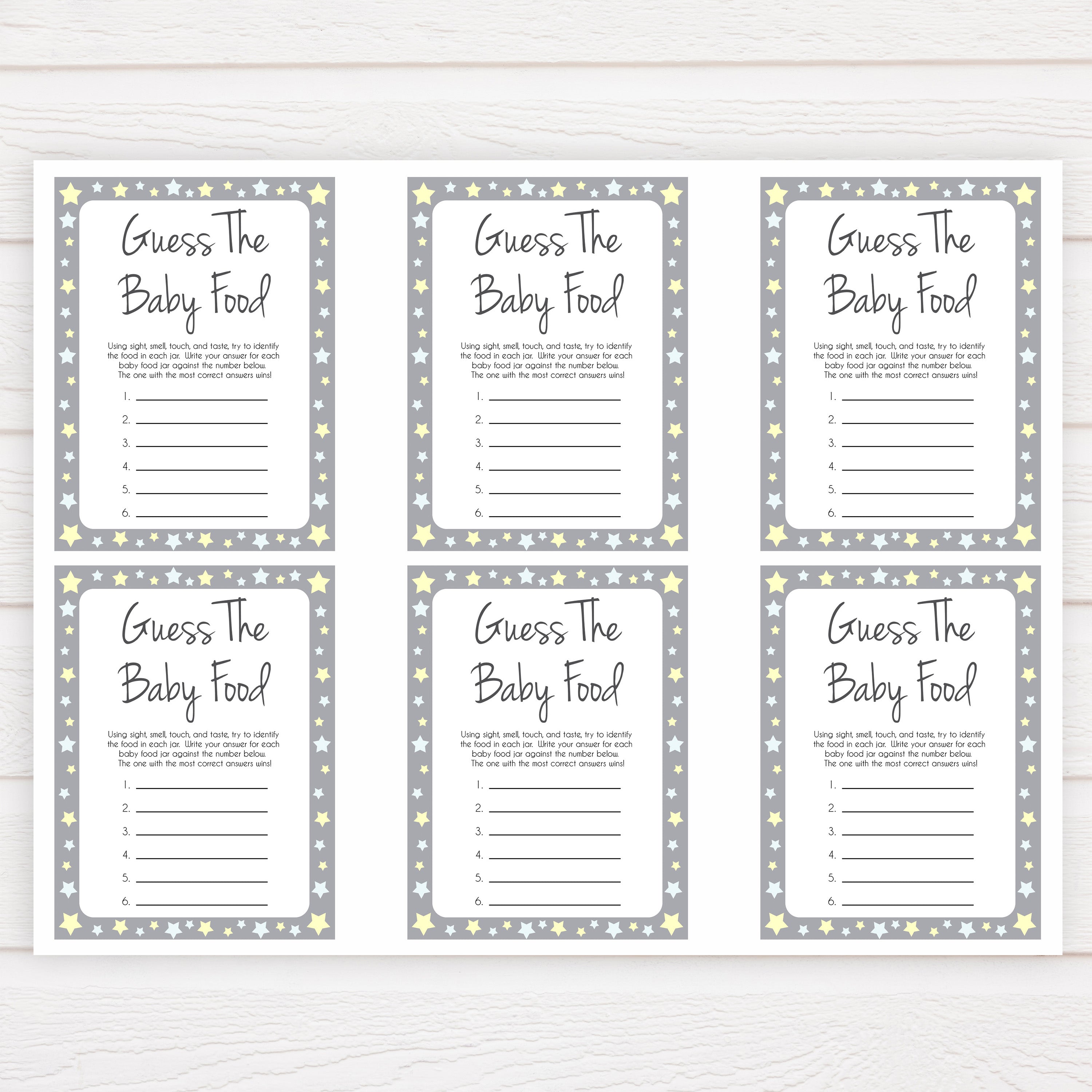Guess The Baby Food Game Grey Stars Printable Baby Shower Games