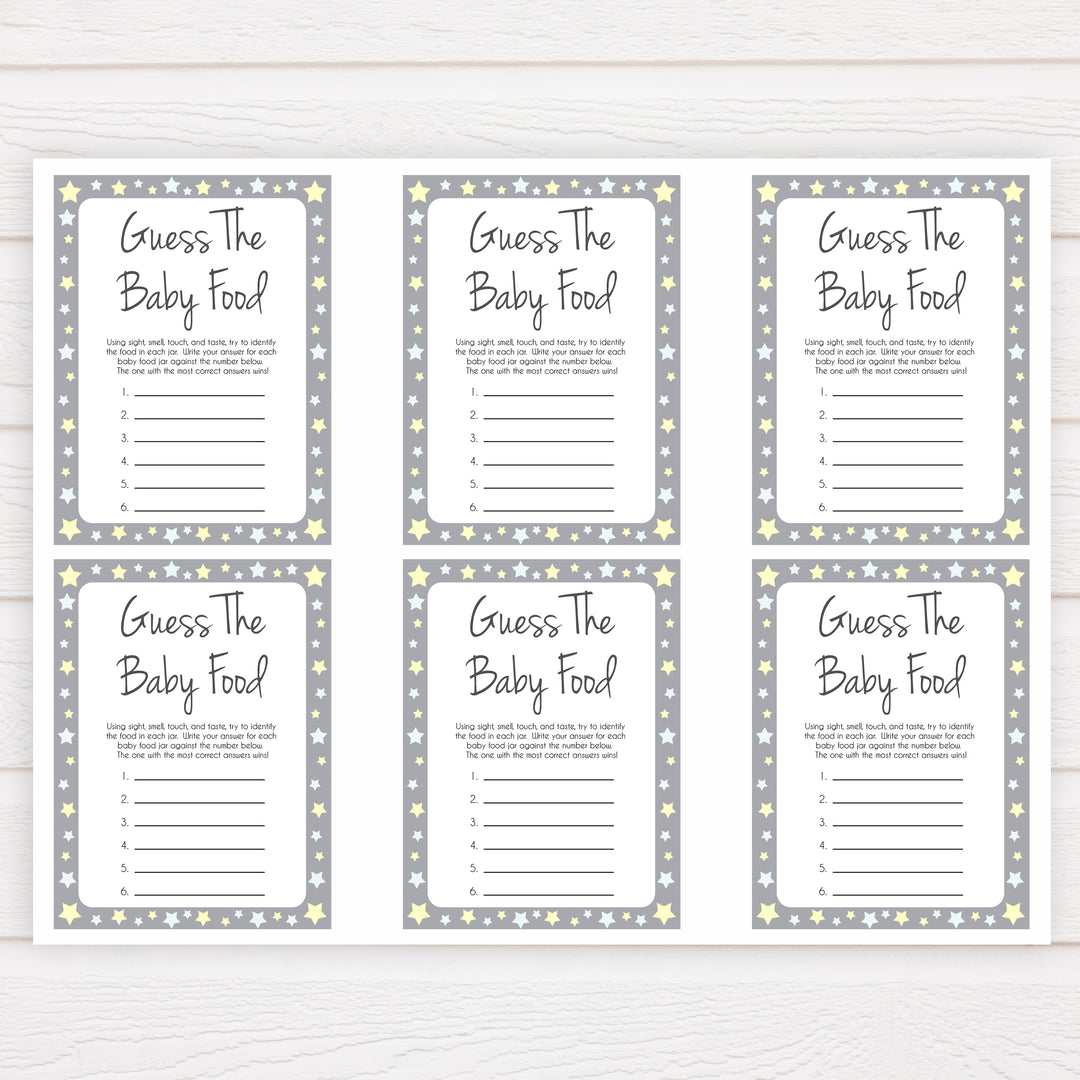 Grey Yellow Stars Guess The Baby Food, Printable Baby Shower Games, Grey Baby Shower Games, Guess The Baby Food, Stars Guess Baby Food, fun baby shower games, popular baby shower games