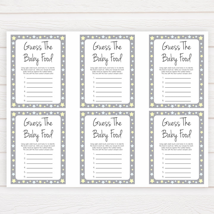 Grey Yellow Stars Guess The Baby Food, Printable Baby Shower Games, Grey Baby Shower Games, Guess The Baby Food, Stars Guess Baby Food, fun baby shower games, popular baby shower games