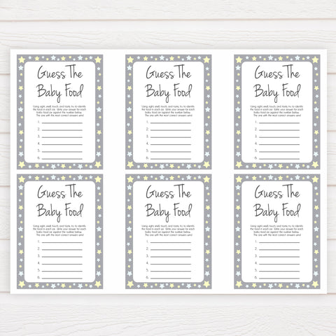 Grey Yellow Stars Guess The Baby Food, Printable Baby Shower Games, Grey Baby Shower Games, Guess The Baby Food, Stars Guess Baby Food, fun baby shower games, popular baby shower games