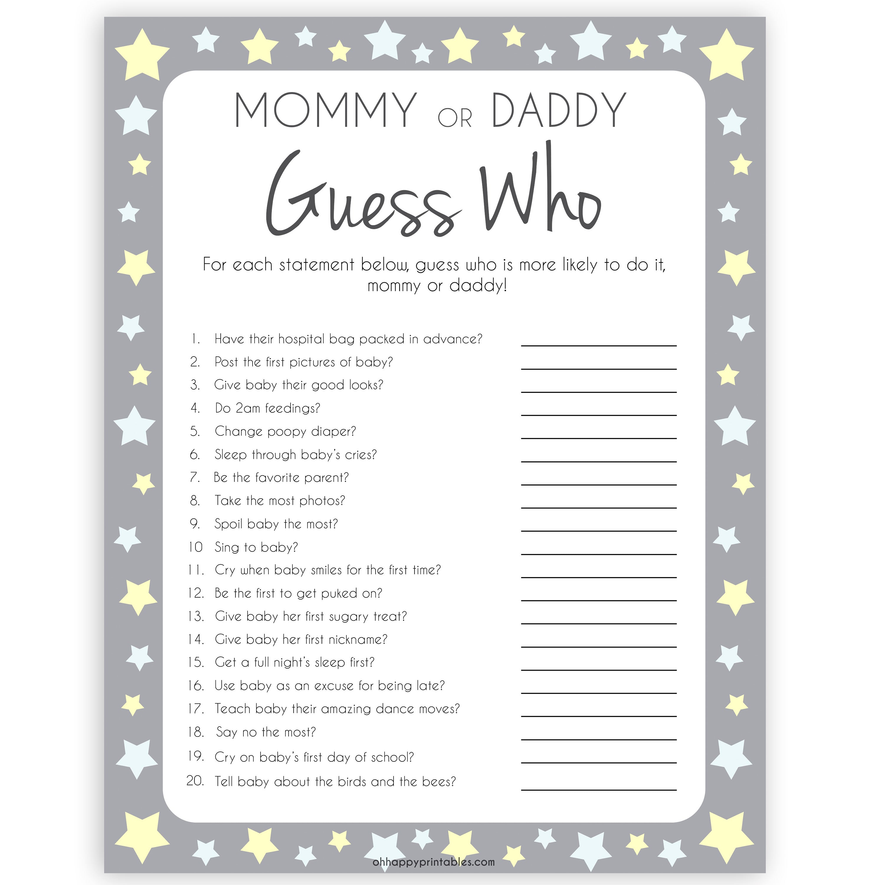 Mommy or Daddy Guess Who Baby Game, Printable Baby Shower Games, Grey Stars Baby Games, Guess Who Baby Game, Stars Mommy Daddy Guess Who, printable baby shower games, fun baby shower games, popular baby shower games