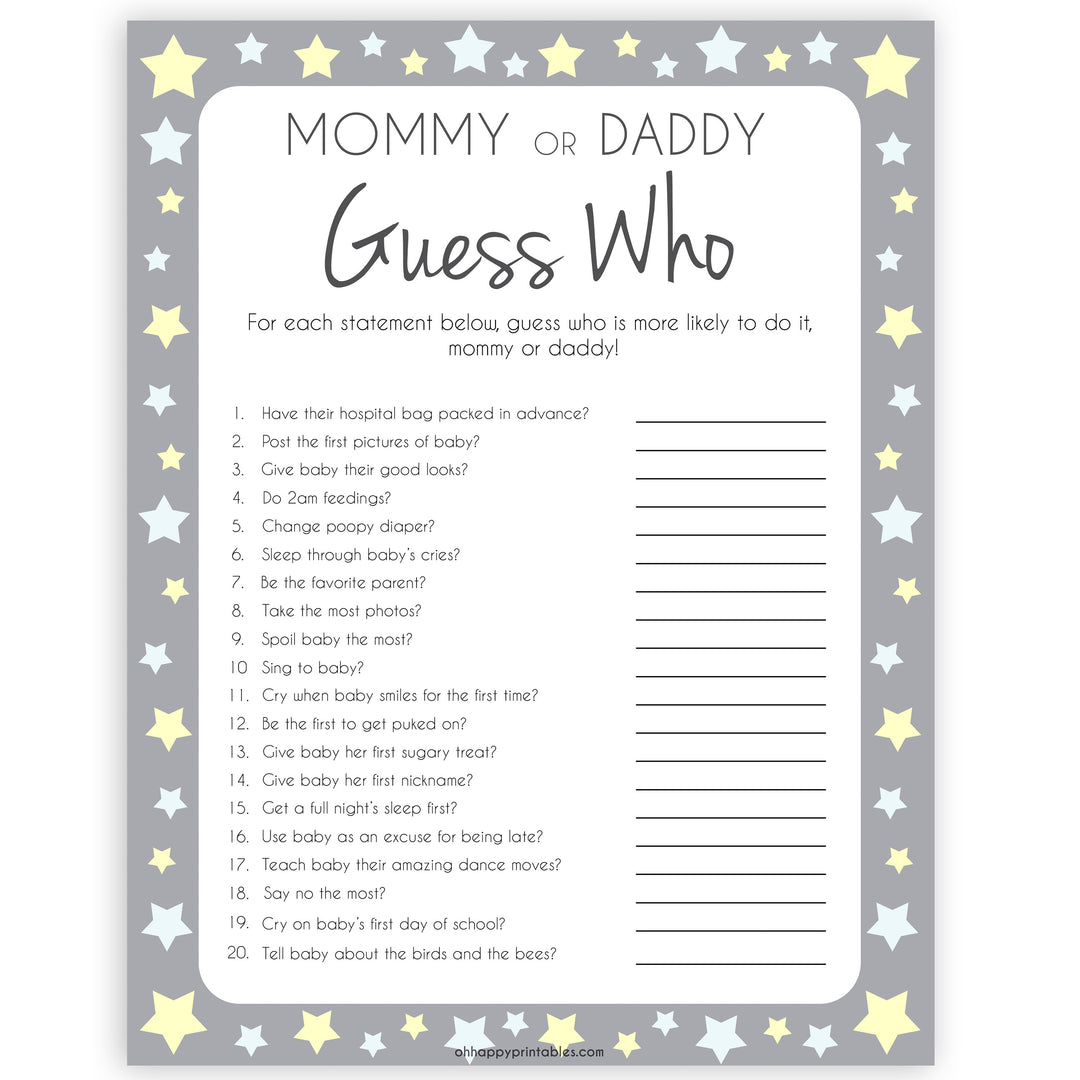 Mommy or Daddy Guess Who Baby Game, Printable Baby Shower Games, Grey Stars Baby Games, Guess Who Baby Game, Stars Mommy Daddy Guess Who, printable baby shower games, fun baby shower games, popular baby shower games