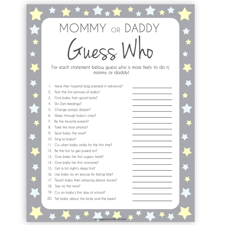 Mommy or Daddy Guess Who Baby Game, Printable Baby Shower Games, Grey Stars Baby Games, Guess Who Baby Game, Stars Mommy Daddy Guess Who, printable baby shower games, fun baby shower games, popular baby shower games
