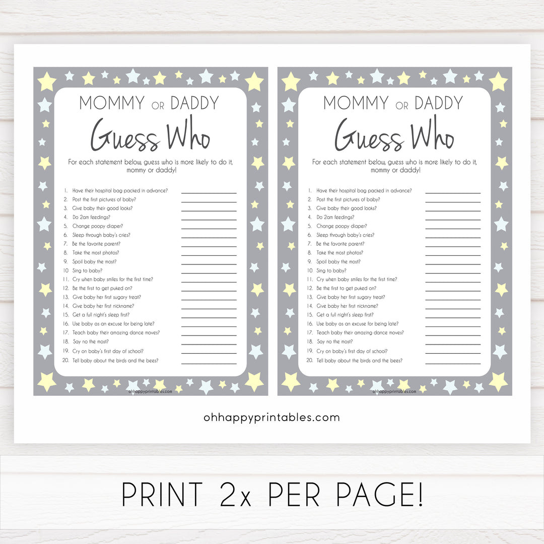 Mommy or Daddy Guess Who Baby Game, Printable Baby Shower Games, Grey Stars Baby Games, Guess Who Baby Game, Stars Mommy Daddy Guess Who, printable baby shower games, fun baby shower games, popular baby shower games