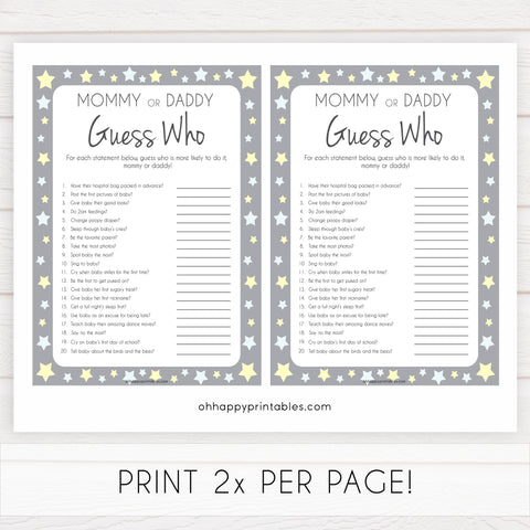 Mommy or Daddy Guess Who Baby Game, Printable Baby Shower Games, Grey Stars Baby Games, Guess Who Baby Game, Stars Mommy Daddy Guess Who, printable baby shower games, fun baby shower games, popular baby shower games