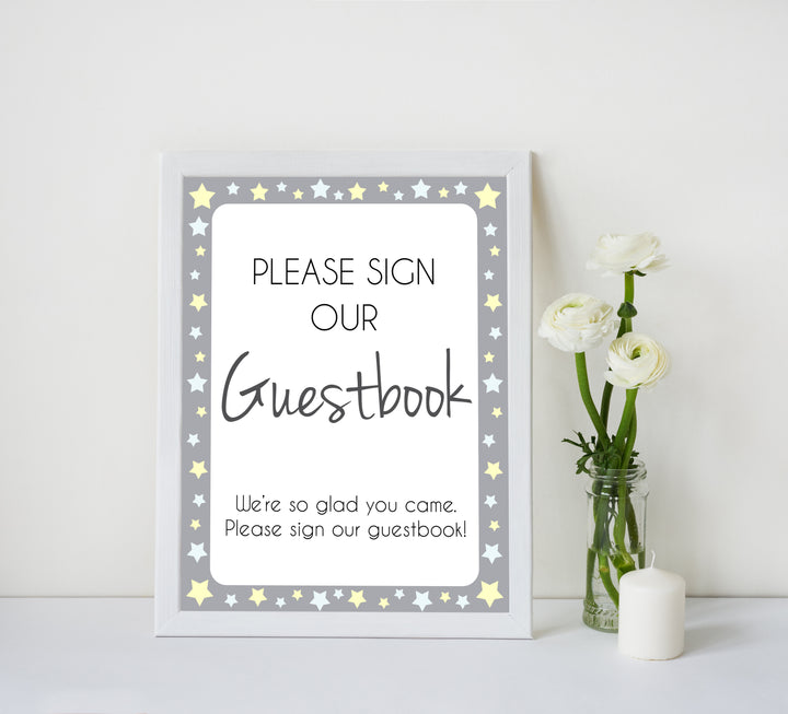 Printable baby signs, guestbook baby sign, yellow and grey stars, printable baby shower signs, top baby shower decor, baby printable decor