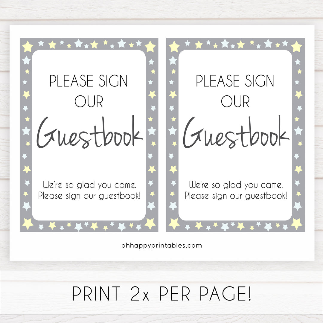 Printable baby signs, guestbook baby sign, yellow and grey stars, printable baby shower signs, top baby shower decor, baby printable decor