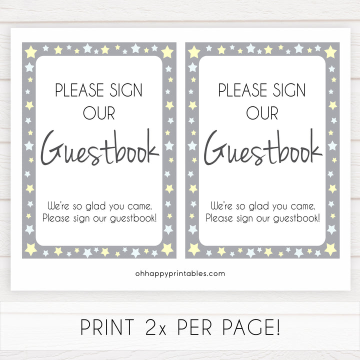 Printable baby signs, guestbook baby sign, yellow and grey stars, printable baby shower signs, top baby shower decor, baby printable decor