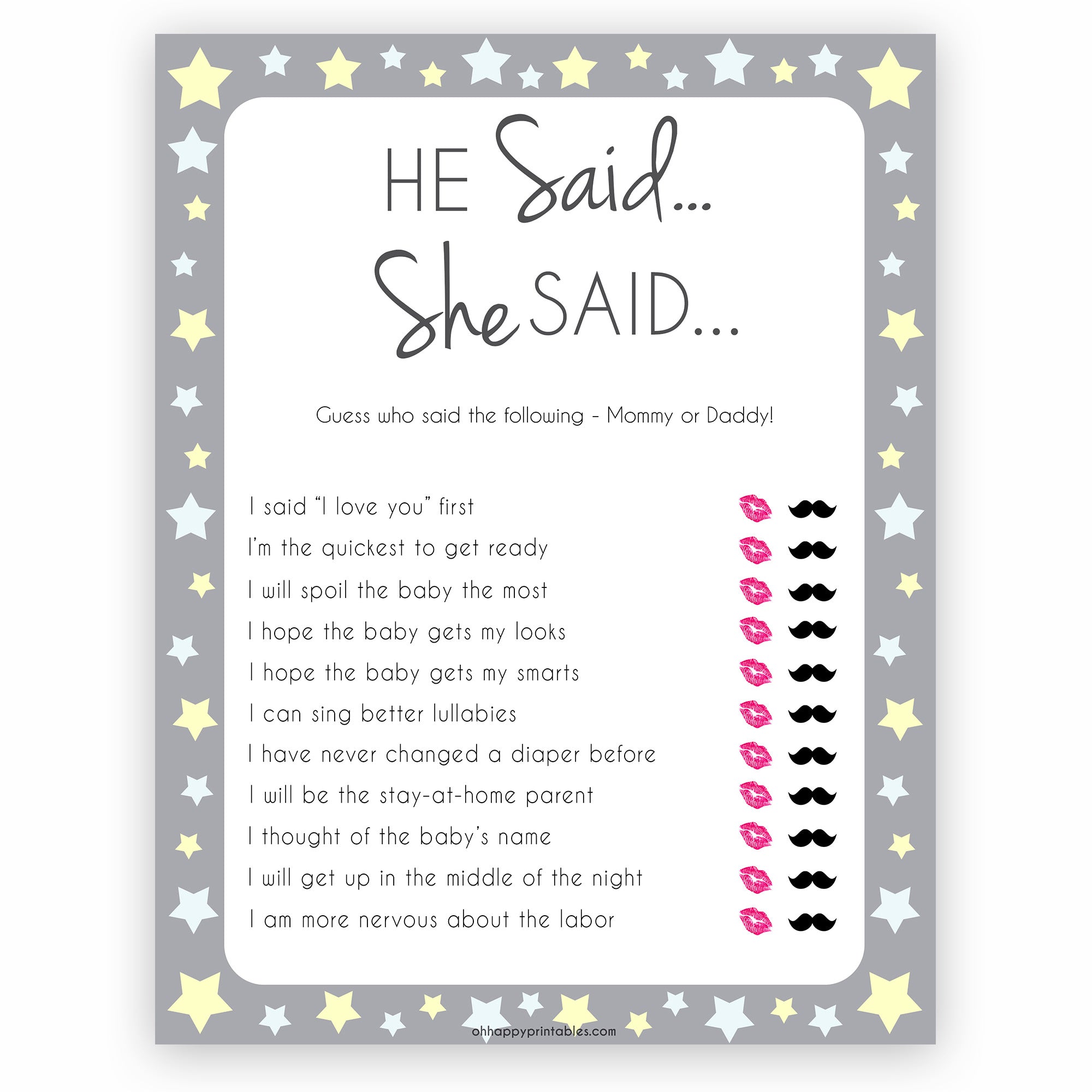 Grey Yellow Stars He Said She Said Baby Game, Who Said It, Pritnable Baby Shower Games, He Said She Said, Who Said It Mommy Daddy Game, fun baby shower games, popular baby shower games, printable baby shower games