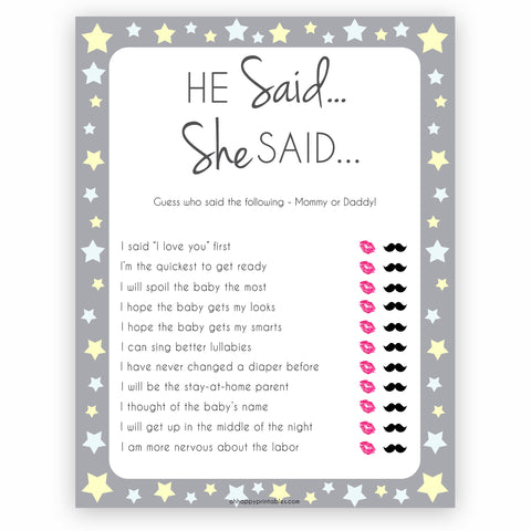 Grey Yellow Stars He Said She Said Baby Game, Who Said It, Pritnable Baby Shower Games, He Said She Said, Who Said It Mommy Daddy Game, fun baby shower games, popular baby shower games, printable baby shower games