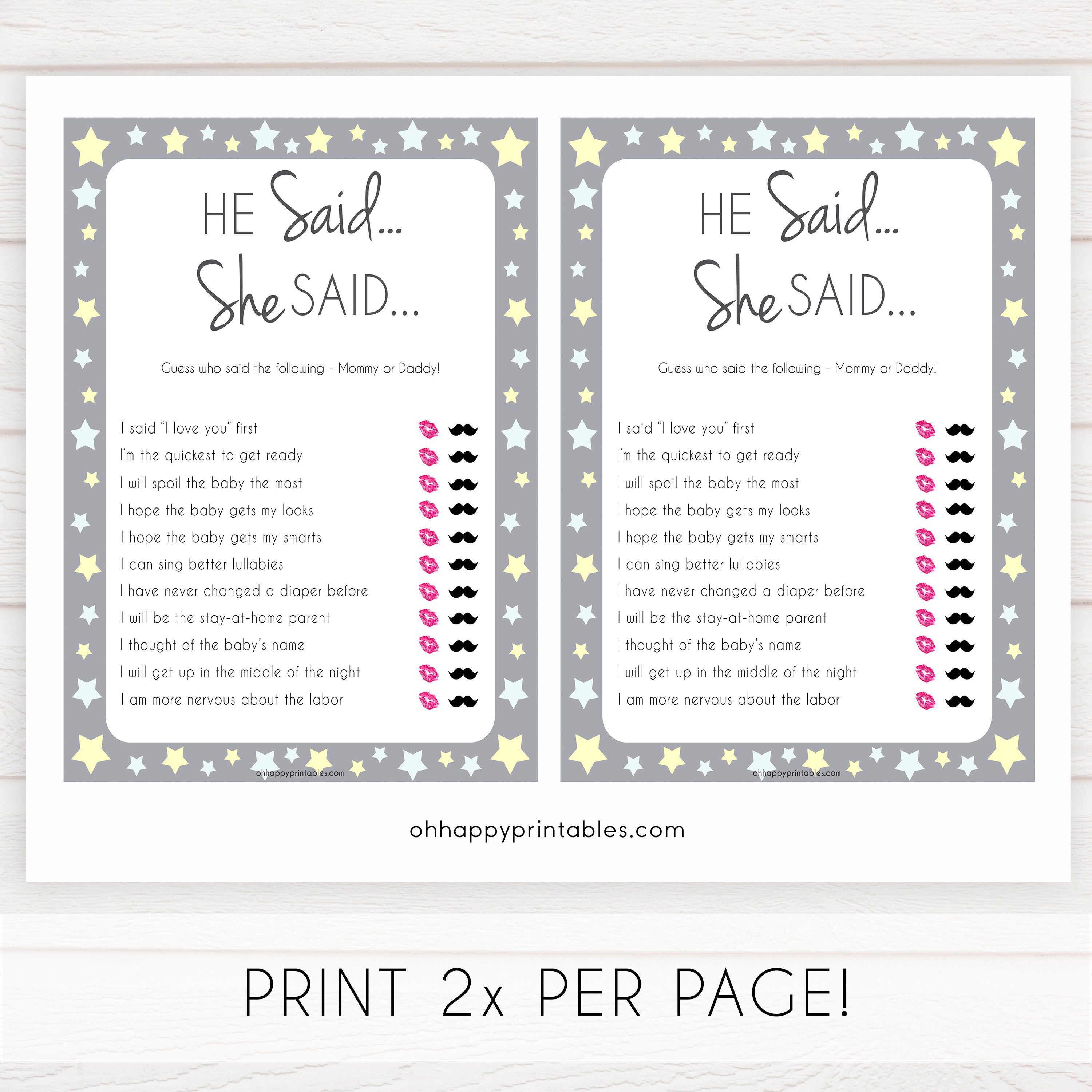 Grey Yellow Stars He Said She Said Baby Game, Who Said It, Pritnable Baby Shower Games, He Said She Said, Who Said It Mommy Daddy Game, fun baby shower games, popular baby shower games, printable baby shower games