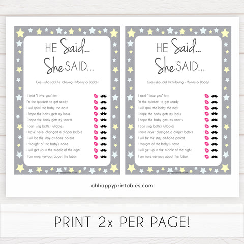 Grey Yellow Stars He Said She Said Baby Game, Who Said It, Pritnable Baby Shower Games, He Said She Said, Who Said It Mommy Daddy Game, fun baby shower games, popular baby shower games, printable baby shower games