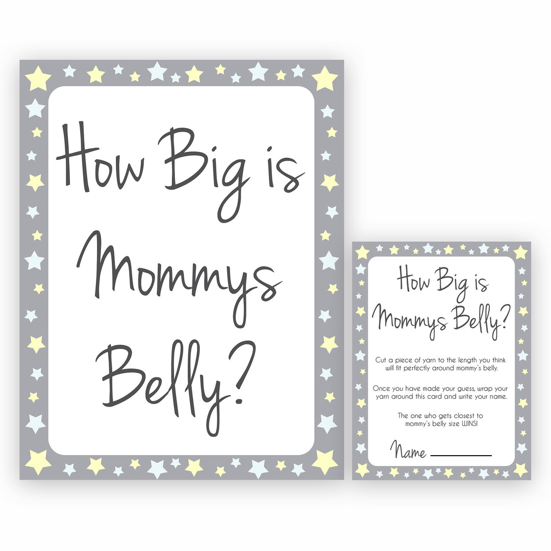 Grey Yellow Stars How Big Is Mommy's Belly, Mommys Belly Game, Printable Baby Shower Games, Grey Stars Baby Games, Guess Mommys Belly, fun abby shower games, popular baby shower games, printable baby shower games