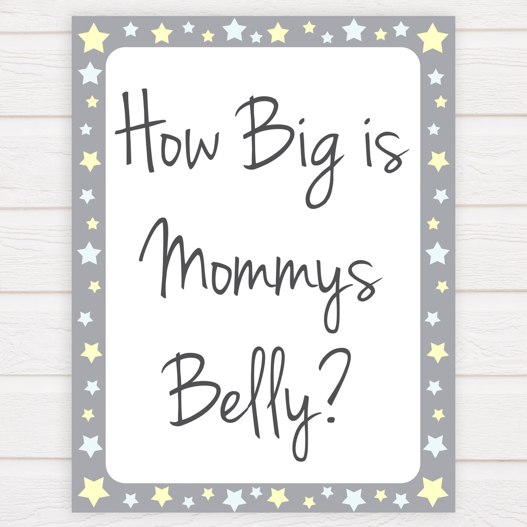 Grey Yellow Stars How Big Is Mommy's Belly, Mommys Belly Game, Printable Baby Shower Games, Grey Stars Baby Games, Guess Mommys Belly, fun abby shower games, popular baby shower games, printable baby shower games