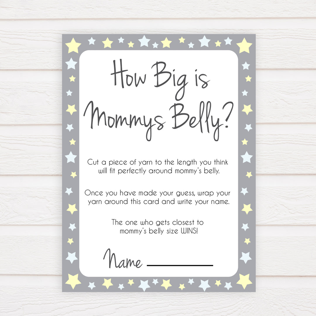 Grey Yellow Stars How Big Is Mommy's Belly, Mommys Belly Game, Printable Baby Shower Games, Grey Stars Baby Games, Guess Mommys Belly, fun abby shower games, popular baby shower games, printable baby shower games