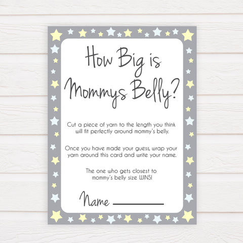 Grey Yellow Stars How Big Is Mommy's Belly, Mommys Belly Game, Printable Baby Shower Games, Grey Stars Baby Games, Guess Mommys Belly, fun abby shower games, popular baby shower games, printable baby shower games