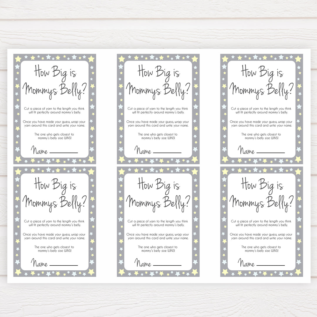 Grey Yellow Stars How Big Is Mommy's Belly, Mommys Belly Game, Printable Baby Shower Games, Grey Stars Baby Games, Guess Mommys Belly, fun abby shower games, popular baby shower games, printable baby shower games
