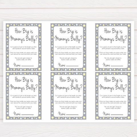 Grey Yellow Stars How Big Is Mommy's Belly, Mommys Belly Game, Printable Baby Shower Games, Grey Stars Baby Games, Guess Mommys Belly, fun abby shower games, popular baby shower games, printable baby shower games