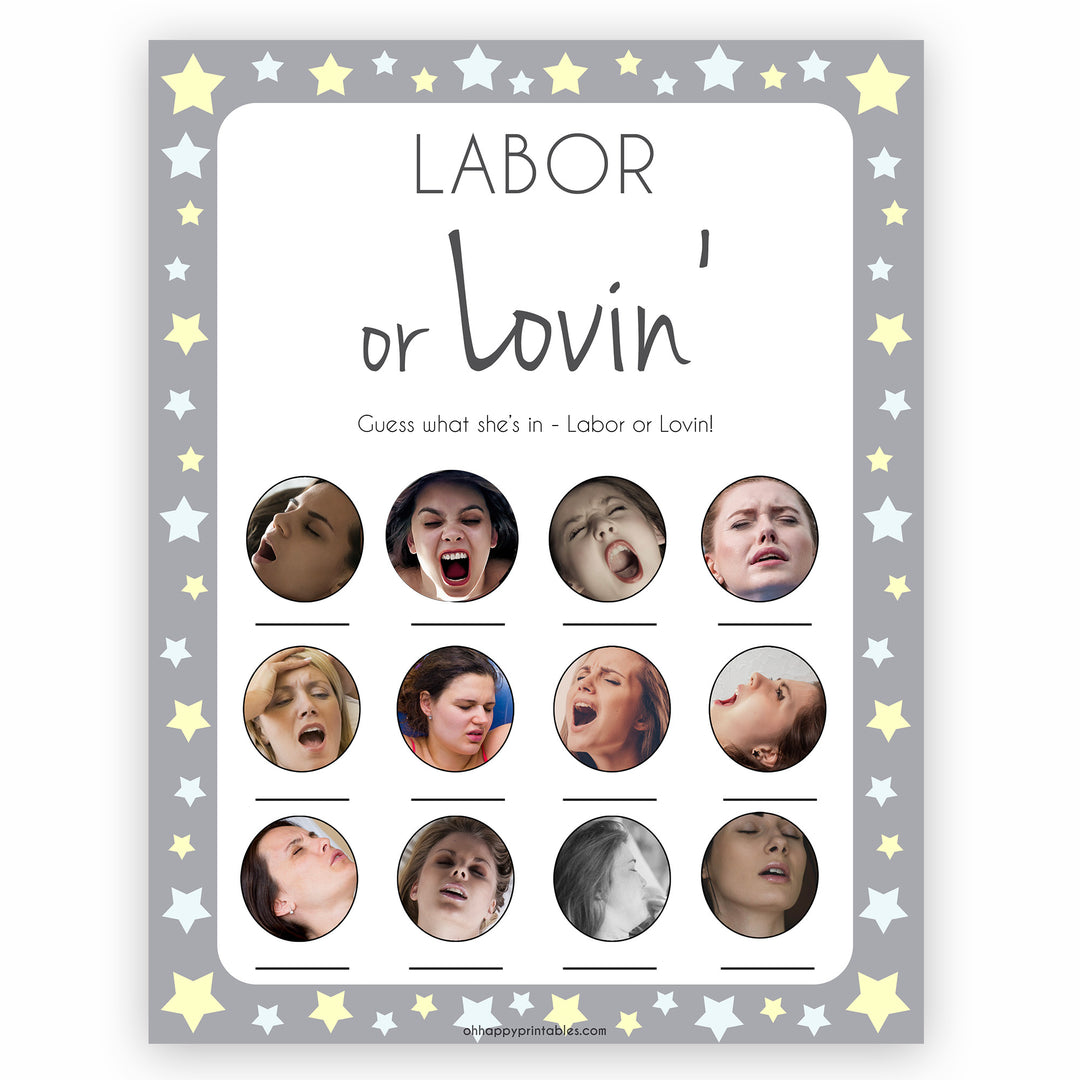 Labour or Lovin Game, Grey Yellow Star Baby Shower Games, Grey Labour or Lovin, Lovin or Labour, Printable Baby Game Porn or Labour Game, fun baby shower games, popular baby shower games
