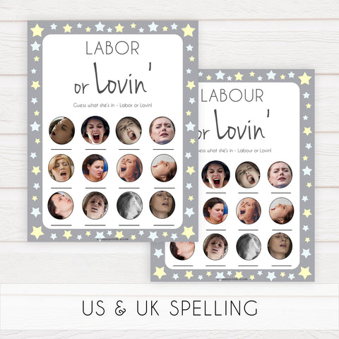 Labour or Lovin Game, Grey Yellow Star Baby Shower Games, Grey Labour or Lovin, Lovin or Labour, Printable Baby Game Porn or Labour Game, fun baby shower games, popular baby shower games