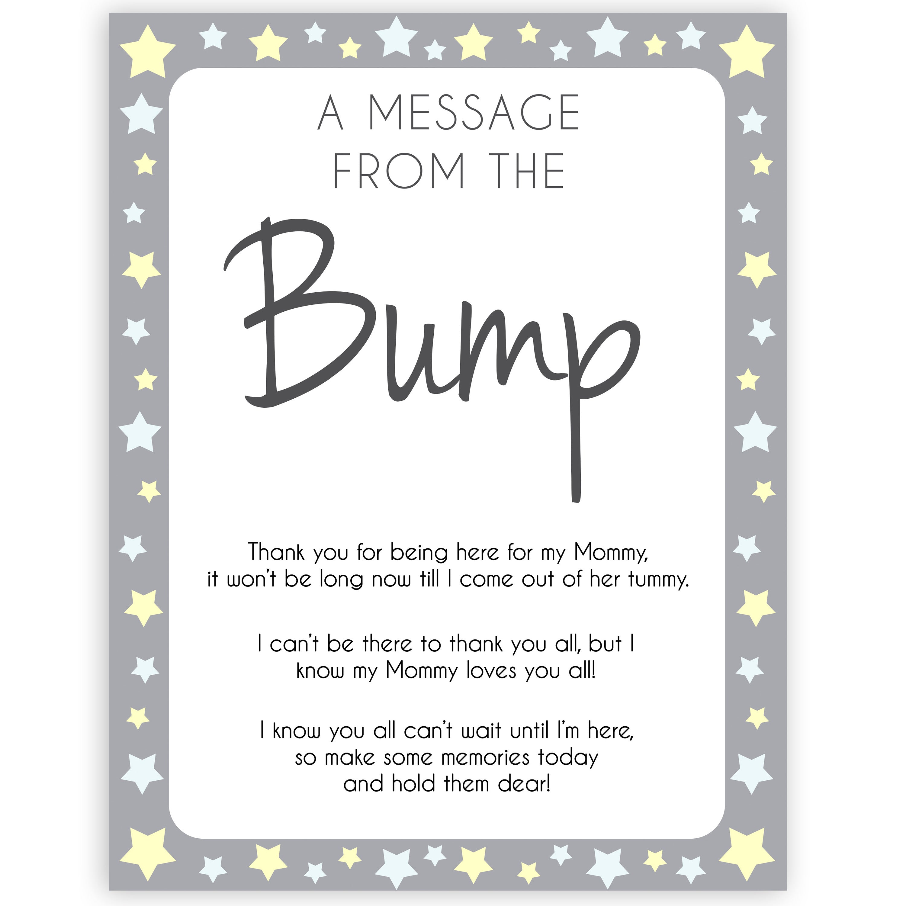Grey Yellow Stars Message From Baby, Baby Shower Signs, Printable Baby Shower Signs, Baby Bump, Message From Bump, Stars Baby Signs, printable baby games, fun baby games, popular baby games
