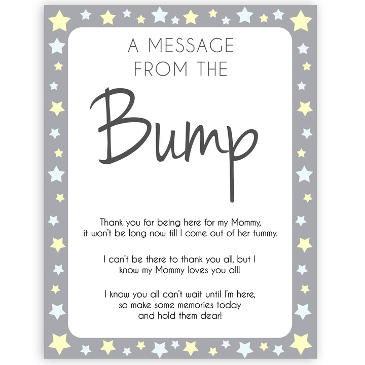 Grey Yellow Stars Message From Baby, Baby Shower Signs, Printable Baby Shower Signs, Baby Bump, Message From Bump, Stars Baby Signs, printable baby games, fun baby games, popular baby games