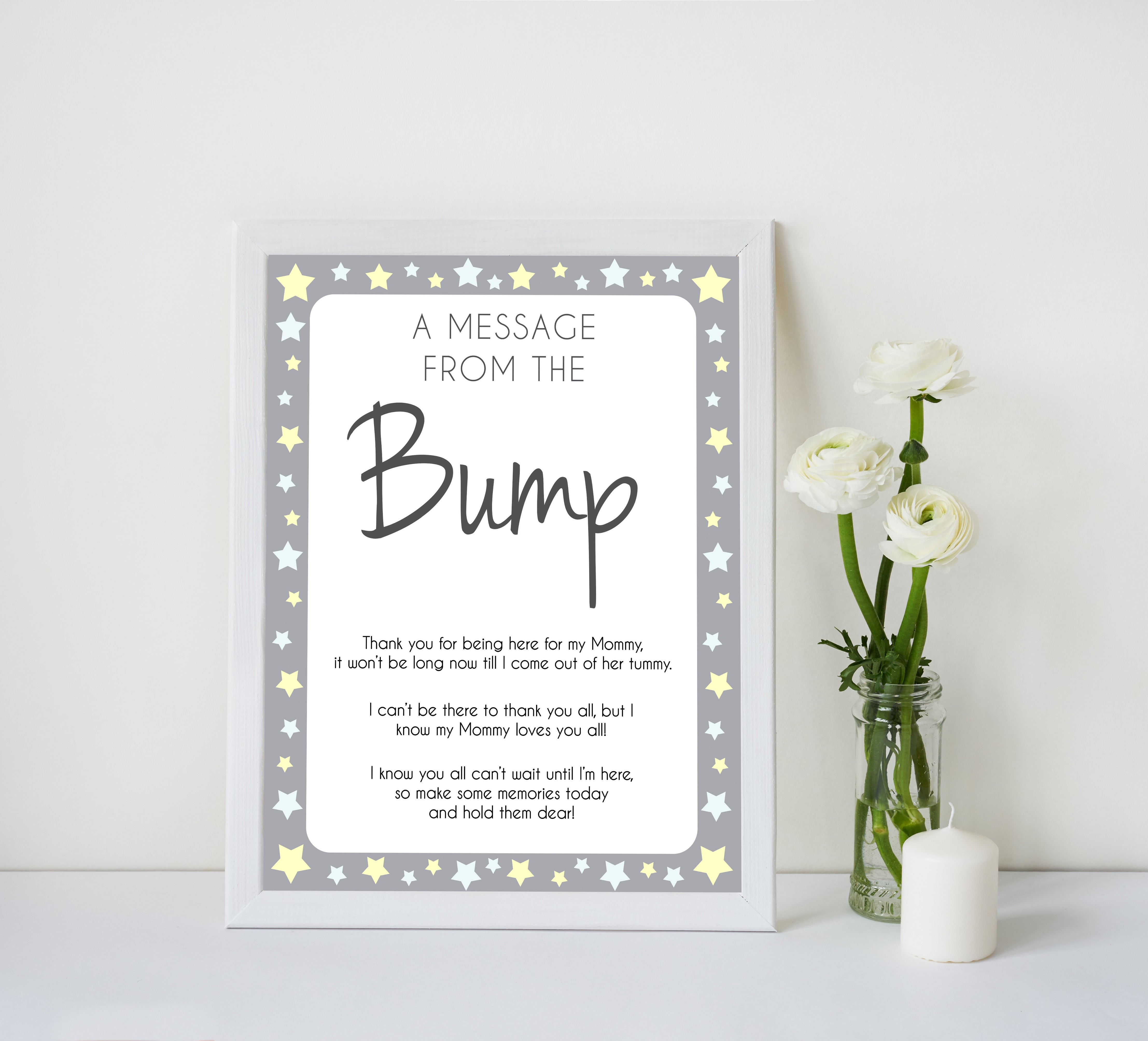 Grey Yellow Stars Message From Baby, Baby Shower Signs, Printable Baby Shower Signs, Baby Bump, Message From Bump, Stars Baby Signs, printable baby games, fun baby games, popular baby games