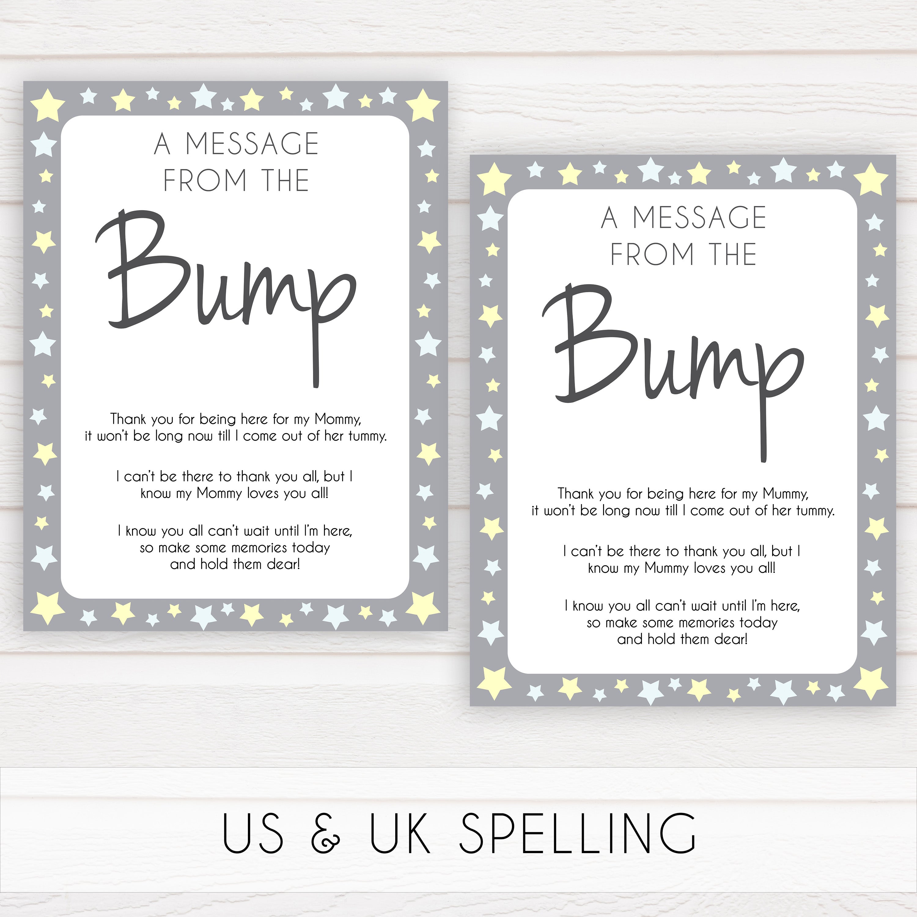 Grey Yellow Stars Message From Baby, Baby Shower Signs, Printable Baby Shower Signs, Baby Bump, Message From Bump, Stars Baby Signs, printable baby games, fun baby games, popular baby games