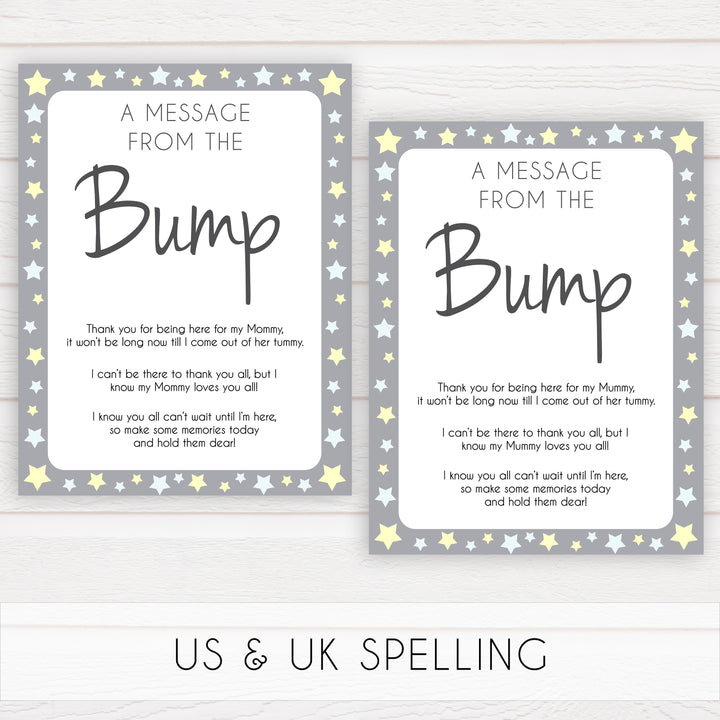 Grey Yellow Stars Message From Baby, Baby Shower Signs, Printable Baby Shower Signs, Baby Bump, Message From Bump, Stars Baby Signs, printable baby games, fun baby games, popular baby games