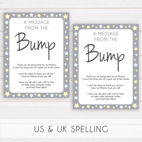 Grey Yellow Stars Message From Baby, Baby Shower Signs, Printable Baby Shower Signs, Baby Bump, Message From Bump, Stars Baby Signs, printable baby games, fun baby games, popular baby games