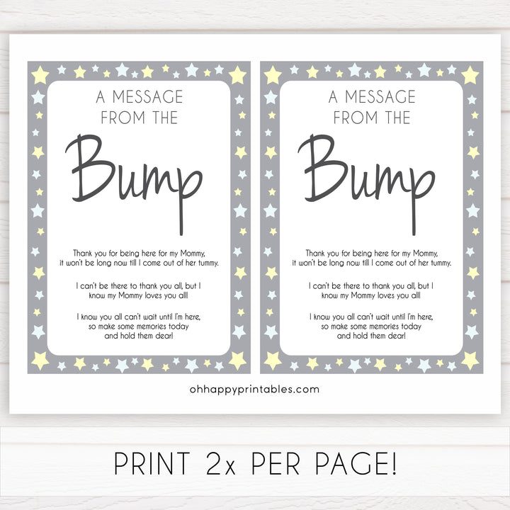 Grey Yellow Stars Message From Baby, Baby Shower Signs, Printable Baby Shower Signs, Baby Bump, Message From Bump, Stars Baby Signs, printable baby games, fun baby games, popular baby games