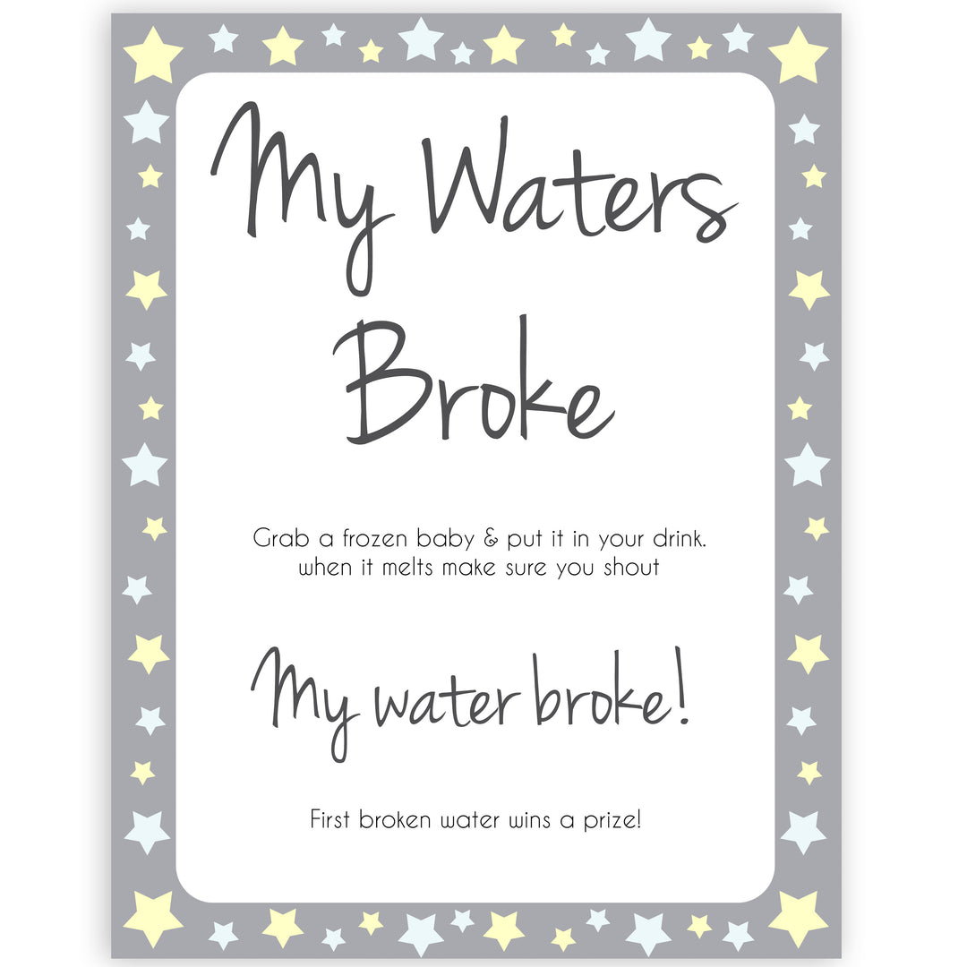 Grey Yellow Stars Waters Broke Game, Printable Baby Shower Games, Waters Broke Baby Game, My Waters Broke Game, Stars Baby Shower Games, fun baby shower games, popular baby shower games