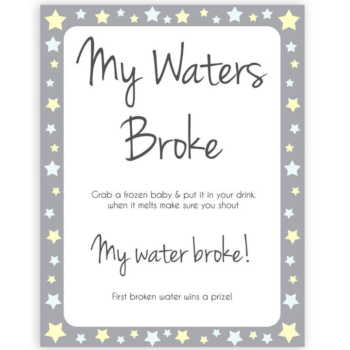 Grey Yellow Stars Waters Broke Game, Printable Baby Shower Games, Waters Broke Baby Game, My Waters Broke Game, Stars Baby Shower Games, fun baby shower games, popular baby shower games