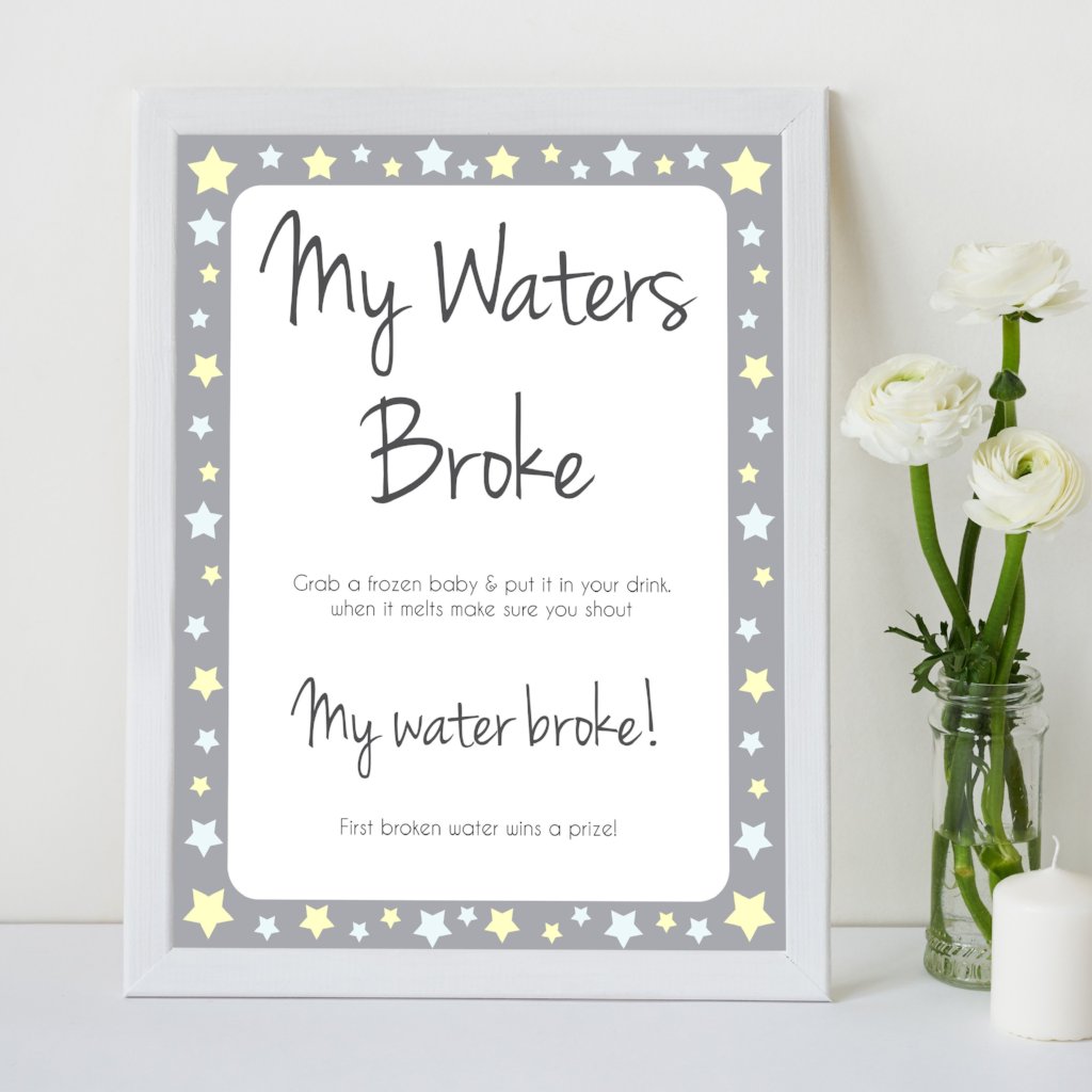 Grey Yellow Stars Waters Broke Game, Printable Baby Shower Games, Waters Broke Baby Game, My Waters Broke Game, Stars Baby Shower Games, fun baby shower games, popular baby shower games
