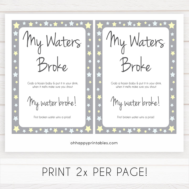 Grey Yellow Stars Waters Broke Game, Printable Baby Shower Games, Waters Broke Baby Game, My Waters Broke Game, Stars Baby Shower Games, fun baby shower games, popular baby shower games