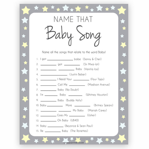 Grey Yellow Stars Name That Song Baby Shower Game, Baby Song Games, Printable Baby Shower Games, Name That Baby Song, Name that Song, fun abby shower games, popular baby shower games