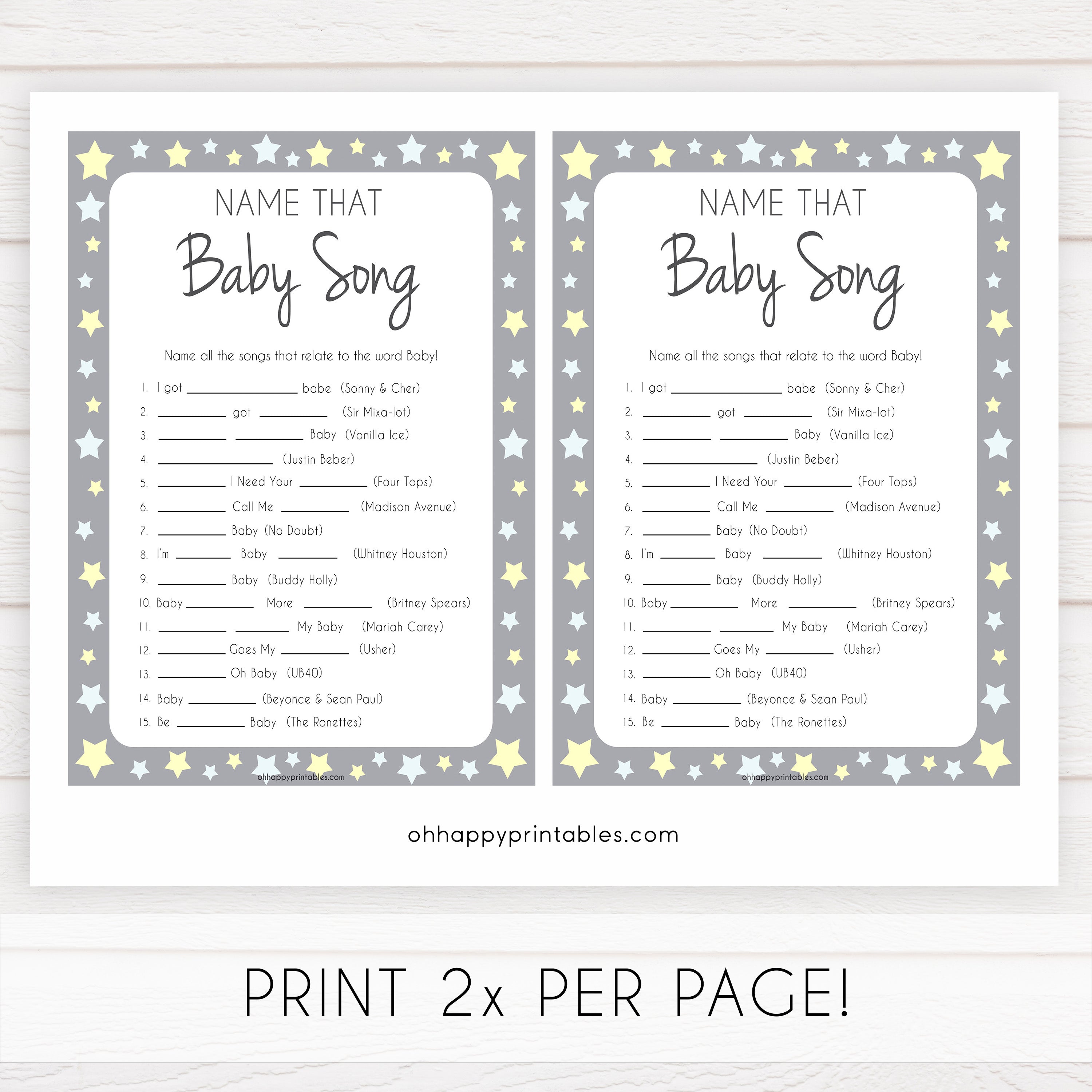 Grey Yellow Stars Name That Song Baby Shower Game, Baby Song Games, Printable Baby Shower Games, Name That Baby Song, Name that Song, fun abby shower games, popular baby shower games