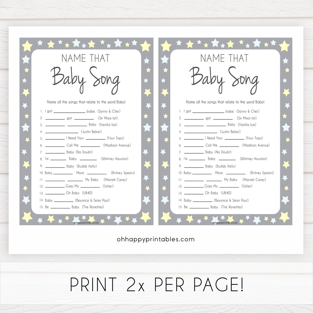 Grey Yellow Stars Name That Song Baby Shower Game, Baby Song Games, Printable Baby Shower Games, Name That Baby Song, Name that Song, fun abby shower games, popular baby shower games